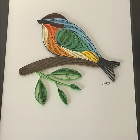 Handmade Quilled Paper Filigree Colorful Bird on Branch Signed Art Work Framed - Picture 2 of 4